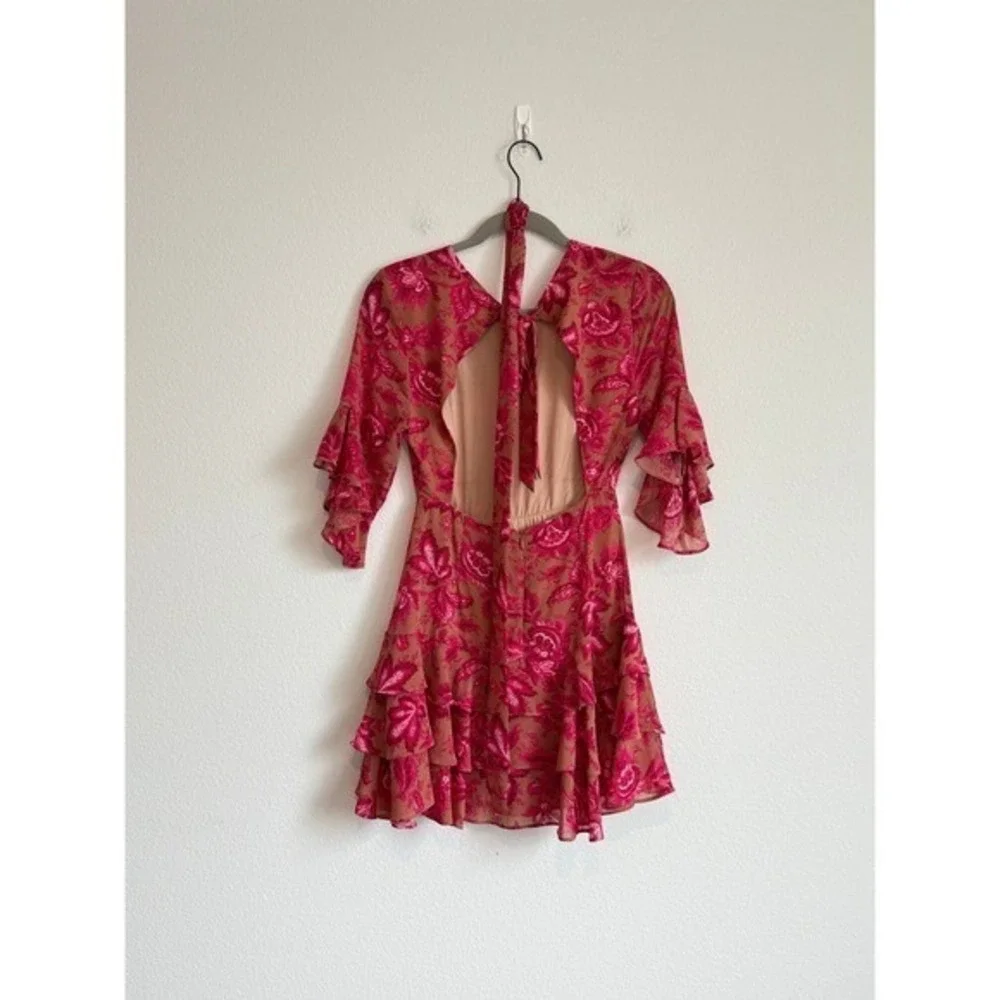 Sundae Muse Boho Floral Mini Dress‎ 6 Pink Tan Ruffle Tiered Open Back Festival - Picture 5 of 8
